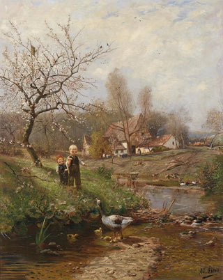 Adolf Lins - Frhlingslandschaft mit zwei Kindern und Gnsen.webp