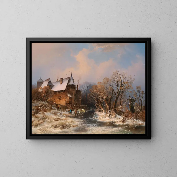 Landschap met rivier in de winter met huis en decoratieve figuren - Adolf Stademann — ingelijst kunstwerk aan de muur