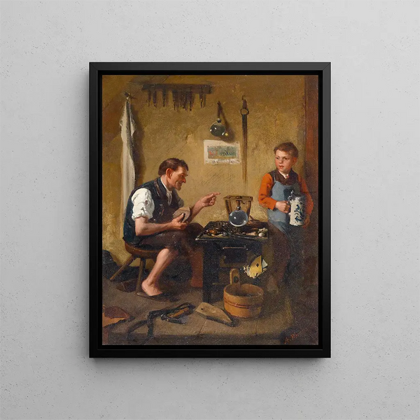 Bij de schoenmaker van Adolf Werner — ingelijste kunstdruk aan de muur