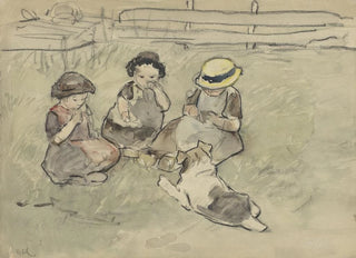 Adolf le Comte - Drie meisjes met een hond zittend in een weiland.webp