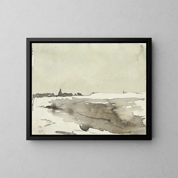 Landschap met winter, met kerk op de achtergrond - Adolf le Comte — ingelijst kunstwerk aan de muur