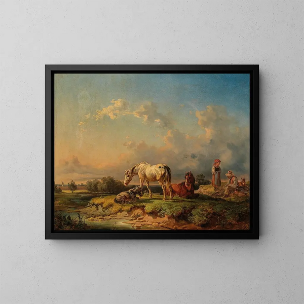 van paarden die rusten bij een rivier - Adolf van der Venne — ingelijst kunstwerk aan de muur
