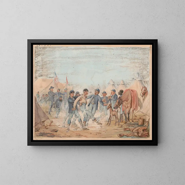 Camp du trente-deuxième régiment des volontaires de l'Indiana, compagnie A, près de Stones River, Tennessee, janvier 1863 - Adolph Metzner — ingelijst kunstwerk aan de muur