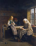 Een jong meisje dat binnen in Hardanger breit - Adolph Tidemand — weergave van het kunstwerk