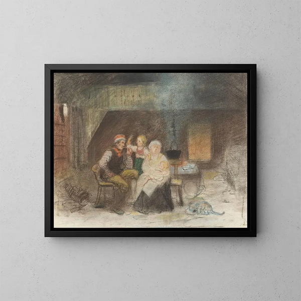 Groepsfamilie op een boerderij - Adolph Tidemand — ingelijst kunstwerk aan de muur