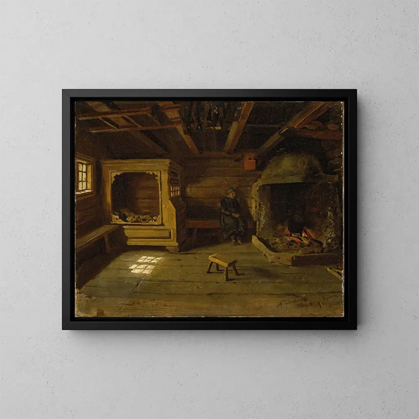 Binnenaanzicht van een boerderij in Skjnne in het Numedal - Adolph Tidemand — ingelijst kunstwerk aan de muur