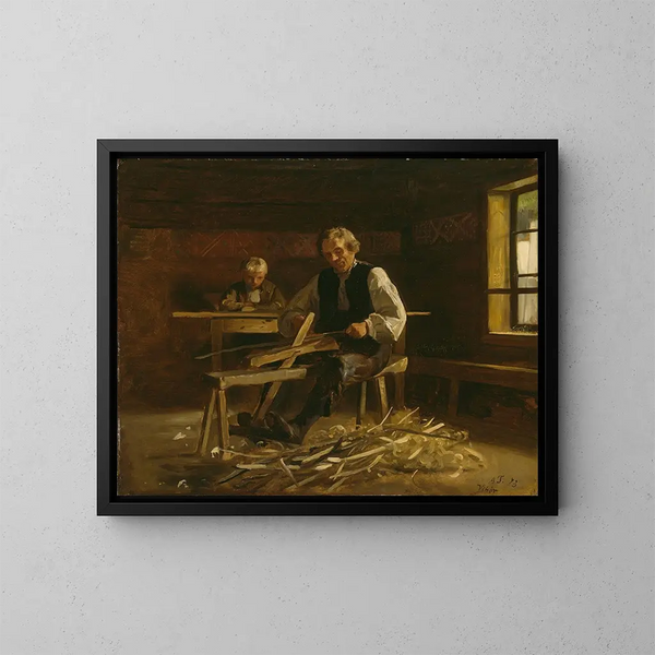 Binnenlands schilderij van Viky met een boer die vatenringen maakt - Adolph Tidemand — ingelijst kunstwerk aan de muur