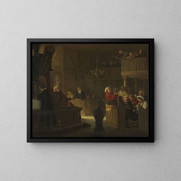 van een dienst in een Noorse plattelandskerk - Adolph Tidemand — ingelijst kunstwerk aan de muur