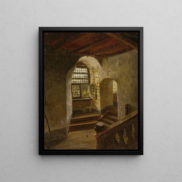 Trap op een kasteeltrap aan de Rijn - Adolph Tidemand — ingelijst kunstwerk aan de muur
