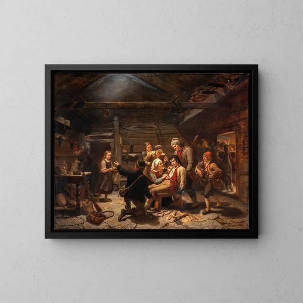 De gewonde berenjager - Adolph Tidemand — ingelijst kunstwerk aan de muur