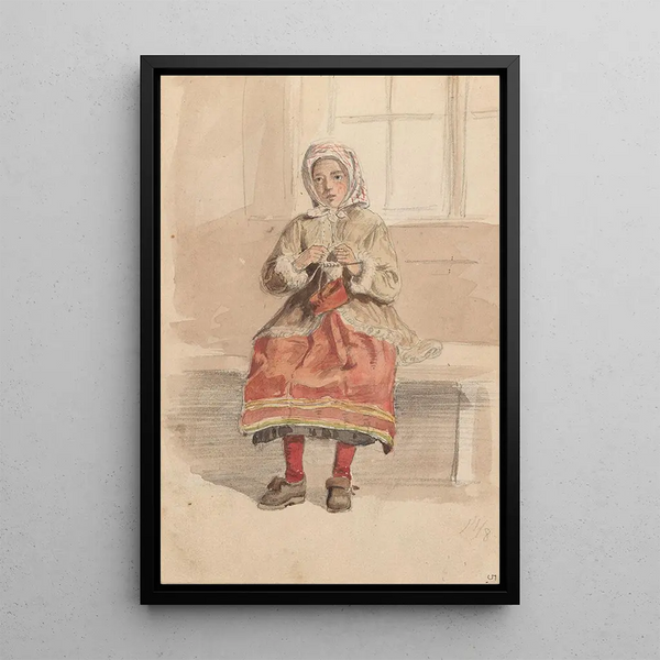 Reproductie van het schilderij Jonge vrouw breiend - Adolph Tidemand