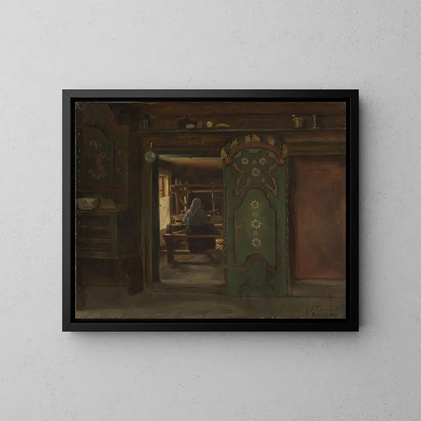Vrouw met weefgetouw schilderij - Adolph Tidemand — ingelijst kunstwerk aan de muur