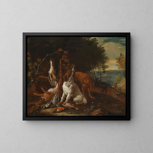 Landschap met jachtnatuurstudie - Adriaen de Gryef — ingelijst kunstwerk aan de muur