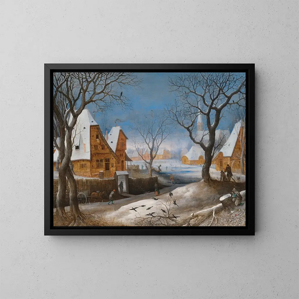 van een winterlandschap met figuren in een dorp - Adriaen van Stalbemt — ingelijst kunstwerk aan de muur