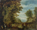 van een bebost landschap met reizigers die een brug oversteken - Adriaen van Stalbemt — weergave van het kunstwerk