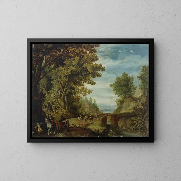 van een bebost landschap met reizigers die een brug oversteken - Adriaen van Stalbemt — ingelijst kunstwerk aan de muur