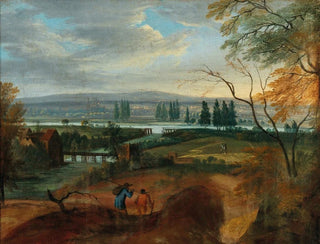 Een uitgestrekt golvend landschap met een rivier - Adriaen van Stalbemt — weergave van het kunstwerk