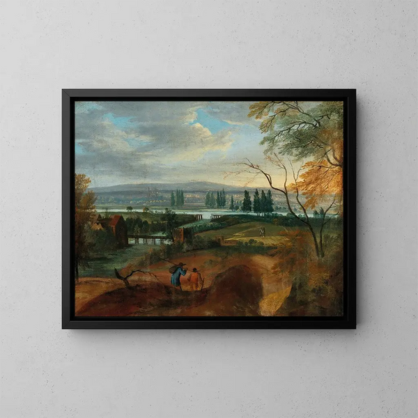 Een uitgestrekt golvend landschap met een rivier - Adriaen van Stalbemt — ingelijst kunstwerk aan de muur