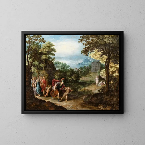 van Apollon en Minerva die de Muzen verlaat voor Venus, Ceres en Bacchus - Adriaen van Stalbemt — ingelijst kunstwerk aan de muur