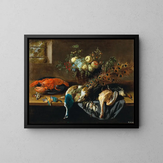 Adriaen van Utrecht - A still life with a peacock fruit a lobster and bird.webp