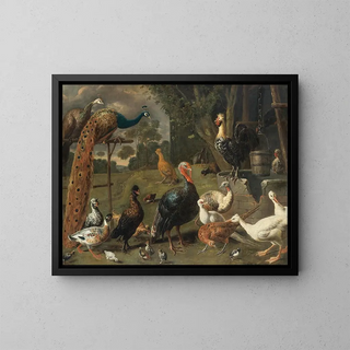 Adriaen van Utrecht - Peacock and peahen on a perch turkeys a pheasant and poultry by a well.webp