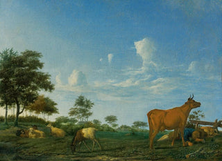 Adriaen van de Velde - A cow sheep and goats in a meadow with a shepherd asleep.webp