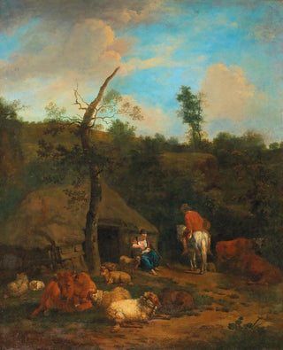 Adriaen van de Velde - A herdsman and a shepherdess in front of a wooden farmhouse.webp