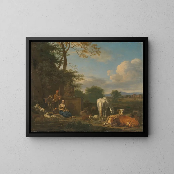 Landschapschilderij met herders en rustende dieren - Adriaen van de Velde — ingelijst kunstwerk aan de muur