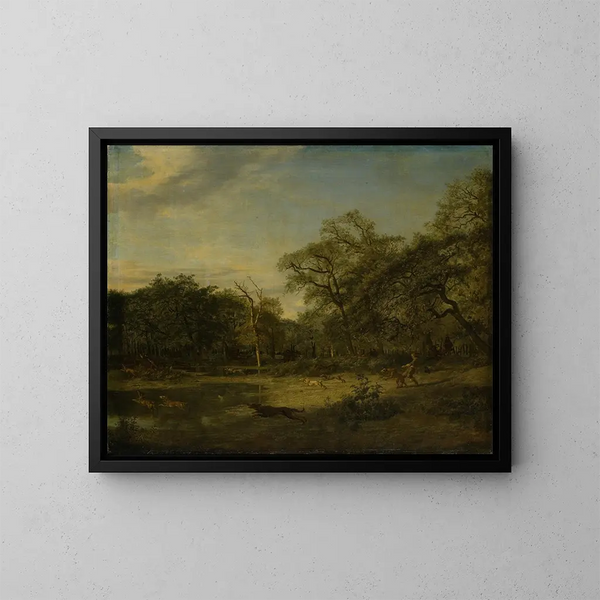Jacht op een hert in een moerassig boslandschap - Adriaen van de Velde — ingelijst kunstwerk aan de muur