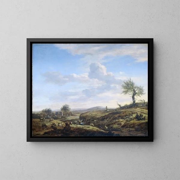 Landschapschilderij met een grote weg - Adriaen van de Velde — ingelijst kunstwerk aan de muur