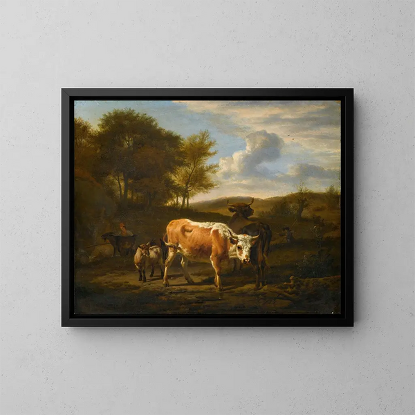 Landschap met bergen en koeien - Adriaen van de Velde — ingelijst kunstwerk aan de muur