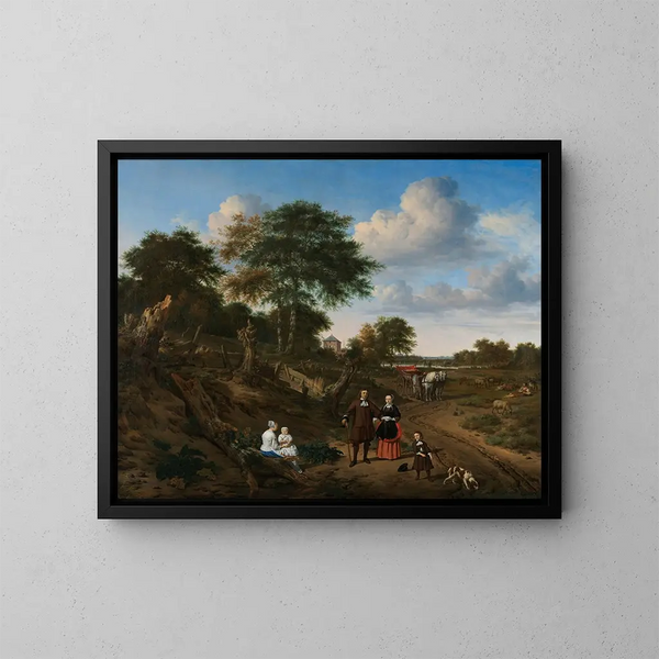 Portret van een stel met twee kinderen en een voedster in een landschap - Adriaen van de Velde — ingelijst kunstwerk aan de muur