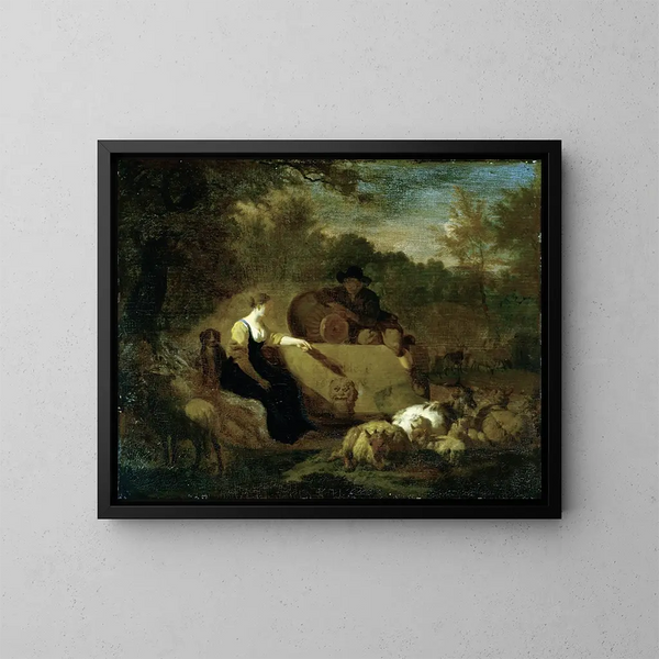 van Bergers met hun kudde bij een put - Adriaen van de Velde — ingelijst kunstwerk aan de muur