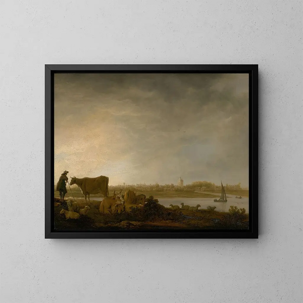 Uitzicht op Vianen met een herder en vee bij een rivier - Aelbert Cuyp — ingelijst kunstwerk aan de muur