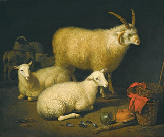 Aelbert Cuyp - A barn interior with a fourhorned ram and four ewes and a goat with a still life of a basket and upturned pots to the right.webp