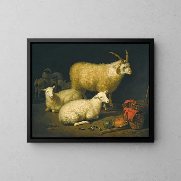 binnenkant van een schuur met een ram met vier hoorns, vier schapen en een geit, vergezeld van een stilleven met een mand en omgekeerde potten rechts - Aelbert Cuyp — ingelijst kunstwerk aan de muur