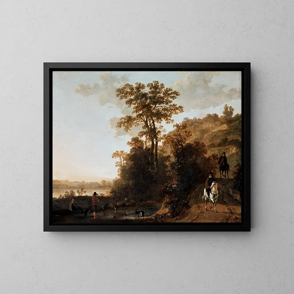 Een avondwandeling langs een rivier - Aelbert Cuyp — ingelijst kunstwerk aan de muur