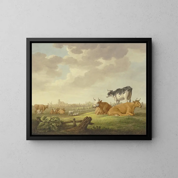 in een weide, geiten en schapen, in de verte een stad, links een melkster - Aelbert Cuyp — ingelijst kunstwerk aan de muur