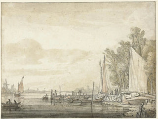 Boten aan de kade in een rivier - Aelbert Cuyp — weergave van het kunstwerk