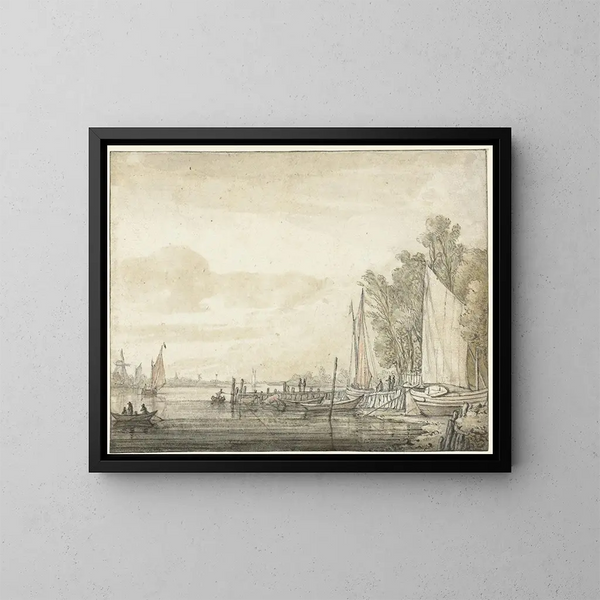 Boten aan de kade in een rivier - Aelbert Cuyp — ingelijst kunstwerk aan de muur
