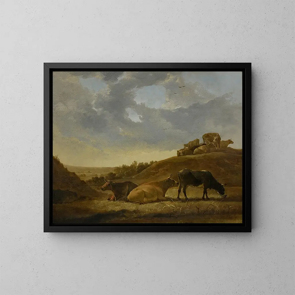 van een vee in een Nederlandse arcadische landschap - Aelbert Cuyp — ingelijst kunstwerk aan de muur
