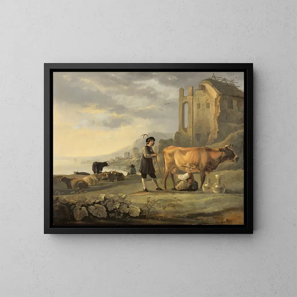 Landschapschilderij met een melkster die een koe melkt - Aelbert Cuyp — ingelijst kunstwerk aan de muur