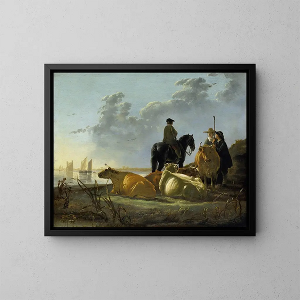 Landbouwers en vee aan de rand van de rivier Merwede - Aelbert Cuyp — ingelijst kunstwerk aan de muur