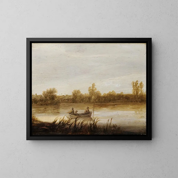 Landschap met rivier en vissers in een boot - Aelbert Cuyp — ingelijst kunstwerk aan de muur