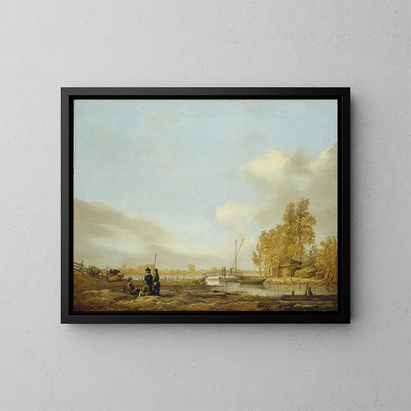Landschap met rivier en houten brug - Aelbert Cuyp — ingelijst kunstwerk aan de muur
