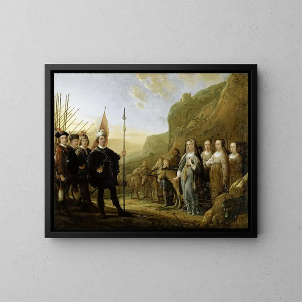 La rencontre de David et Abigail Portret van de familie van Lowijs Jacobsz Molenschot en zijn vrouw Janneken Jansdr Rokus - Aelbert Cuyp — ingelijst kunstwerk aan de muur