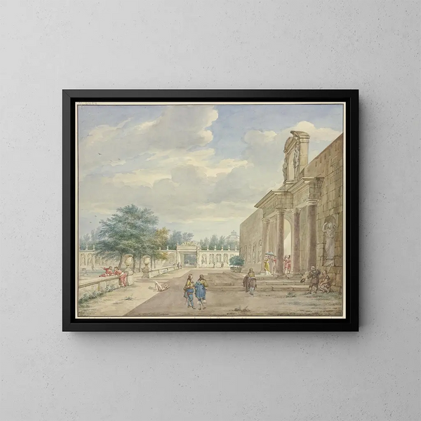 Tuin met terras en weelderige poort - Aert Schouman — ingelijst kunstwerk aan de muur