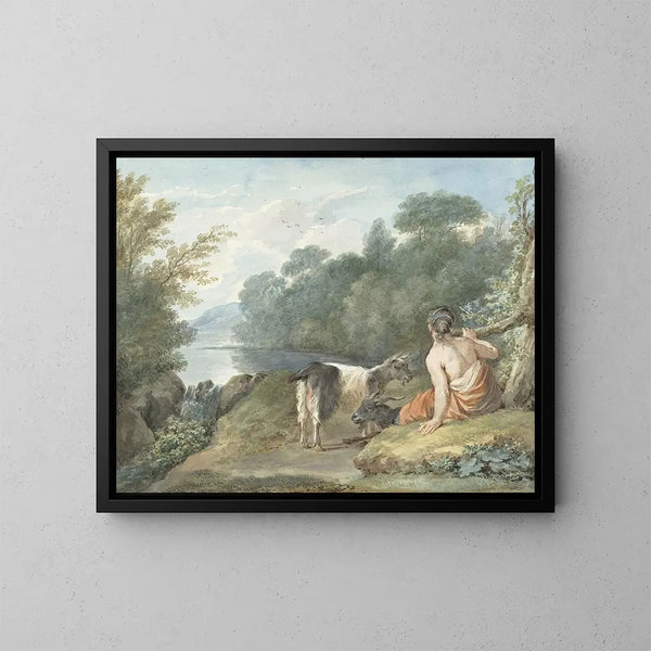 van Bergère avec des chèvres dans un paysage avec un lac - Aert Schouman — ingelijst kunstwerk aan de muur