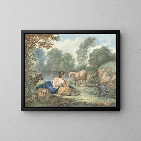 van Bergère avec des moutons dans un paysage avec un étang - Aert Schouman | Reproduction — ingelijst kunstwerk aan de muur
