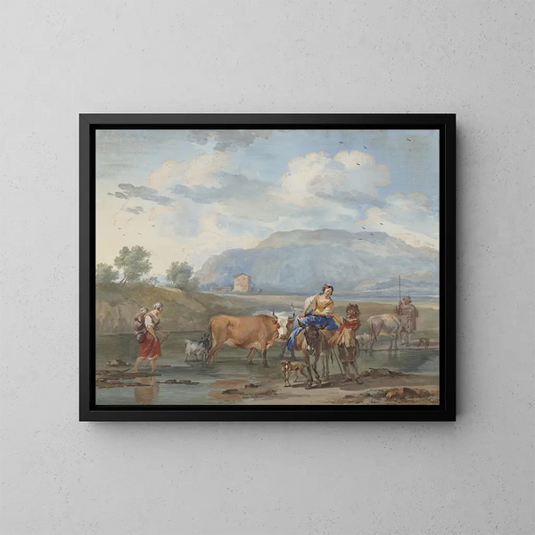 van Aert Schouman: Een schilderij van herders die geiten door water leiden, links een vrouw die haar kind op de rug draagt, rechts een andere die op een ezel rijdt. — ingelijst kunstwerk aan de muur